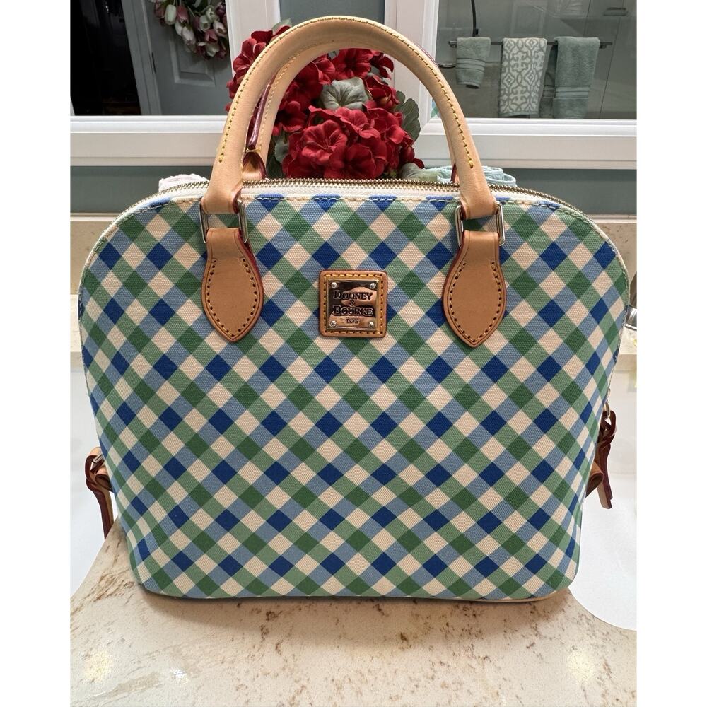 Dooney Bourke Zip Zip Satchel Blue Green Gingham Coated Cotton Leather Trim